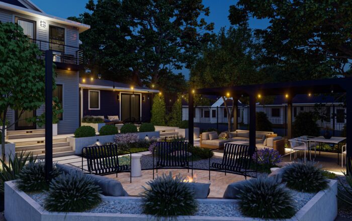 Night time view of Outdoor Oasis rendering dream space.