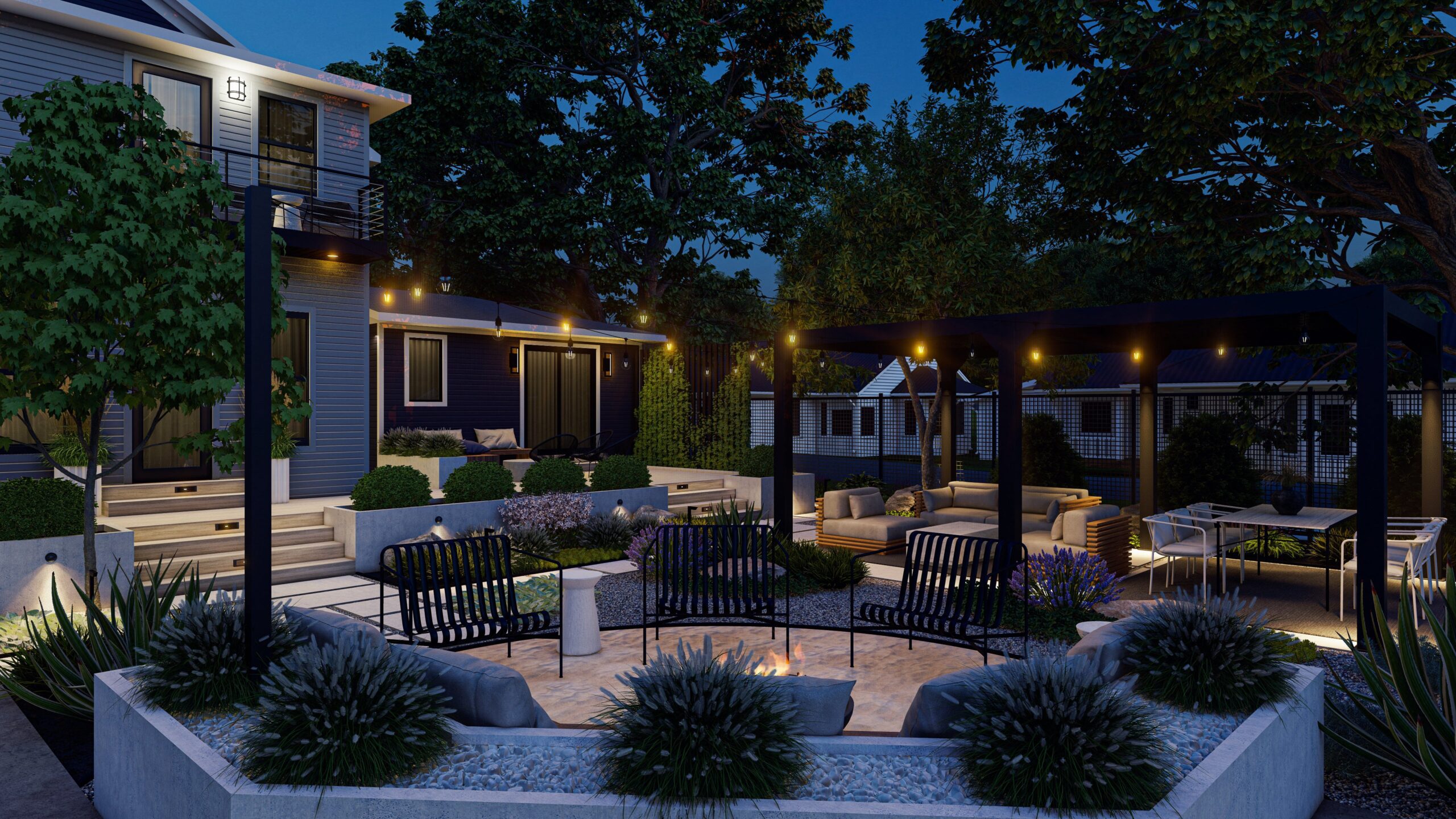 Night time view of Outdoor Oasis rendering dream space.