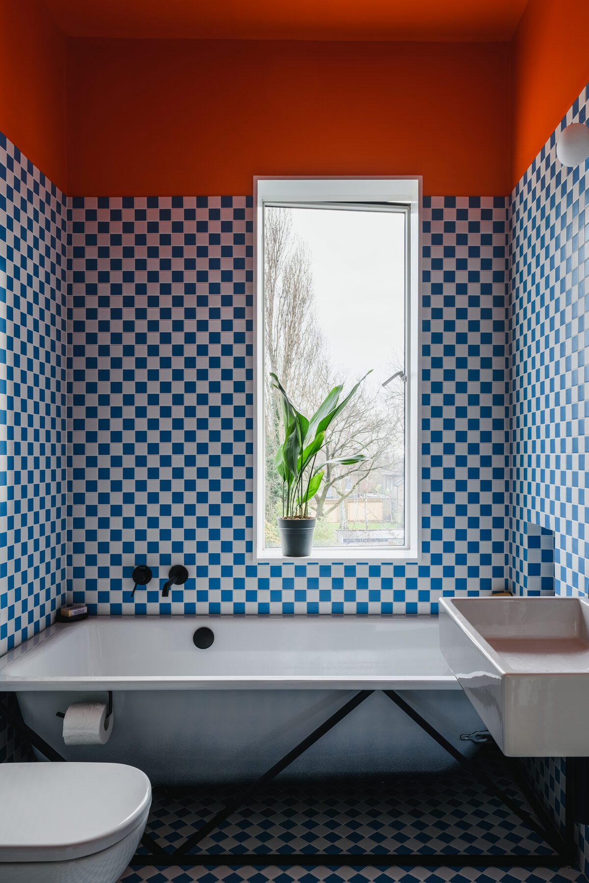 blue orange bathroom accent wall