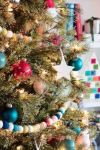 Colorful christmas tree ornaments and garland.