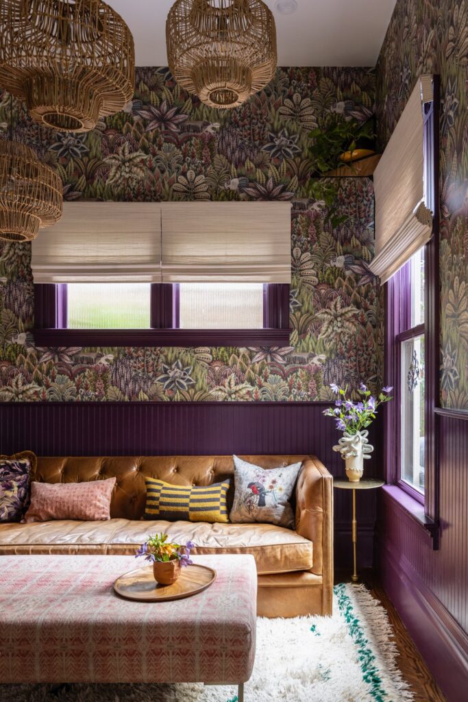 purple floral wallpaper room window treatments