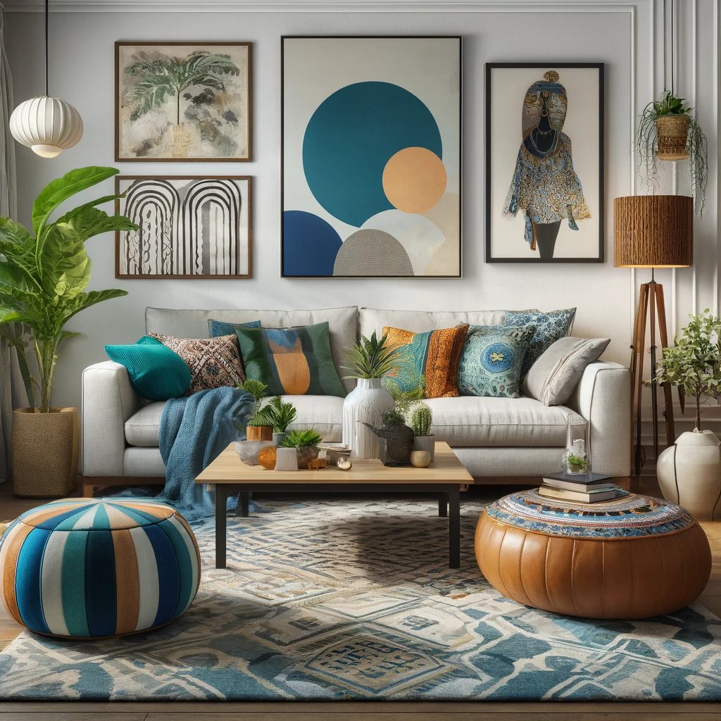 blue boho living room furniture and art